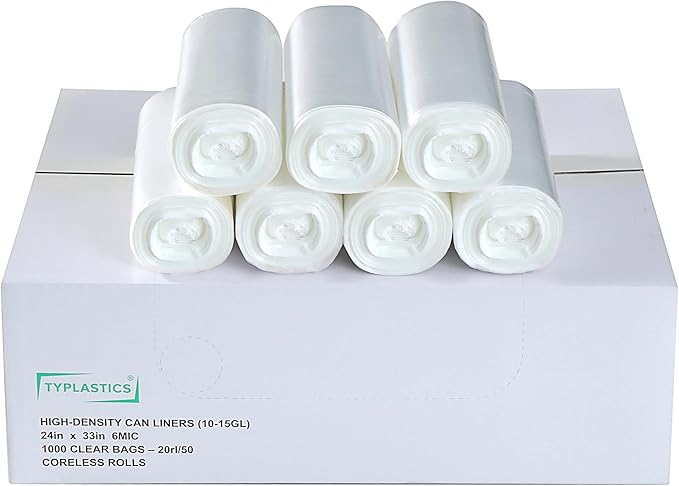 TYPLASTICS Trash Can Liners - Wholesale 1000 Count High Density Garbage Bags on Perforated Roll 10-15 Gallon 24" x 33"