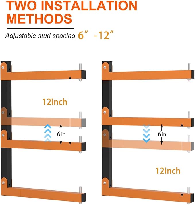 Lumber Storage Rack Wall-Mounted Lumber Racks Heavy Duty Wood Storage Rack with 9-Level Holds Up 1080 LB Sturdy Folding Garage Wood Organizer Orange Shelving Metal Shelf for Indoor & Outdoor- 6 Pack