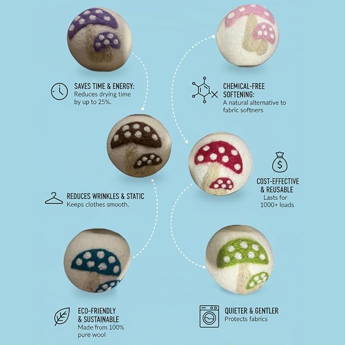 Ezhippie Quality Wool Dryer Balls - 6 XL Mushroom Pack - 1000+ Loads - Pure Organic Wool - Reusable Natural Fabric Softener Perfect with Essential Oils, Reduce Clothing Static and Wrinkles