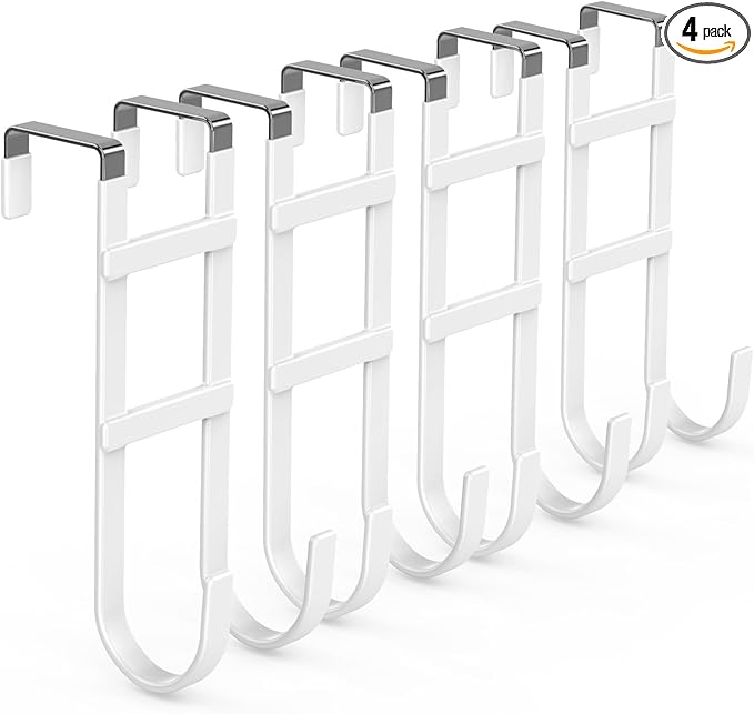 FYY Over The Door Hooks - 4 Pack Heavy Duty Dual-Hook Organizer Hanger with Non-Slip Rubber for Towels, Clothes, Hats & Bags Use in Bathroom, Bedroom, Kitchen - Fits Interior Doors Up to 1.6" White