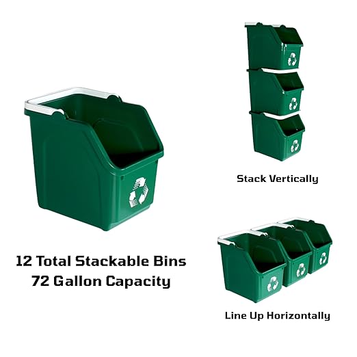 6 Gallon Stackable Recycling Bins for Homes, Garages, Offices Made of 100% Recycled Plastic - (Green, 12 Pack)