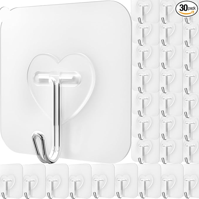DGYB 30 Pcs Clear Adhesive Hooks for Hanging 22lb Self Adhesive Wall Hooks Heavy Duty Waterproof Transparent Sticky Hooks for Shower Home Bathroom Kitchen Office