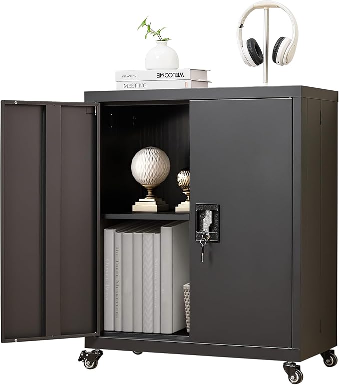 Metal Cabinet with Wheels, Steel Cabine with Locking Doors, Small Cabinet with 1 Adjustable Shelf, Tool Cabinets for Garage, Suitable for Home Office, Garage, Office