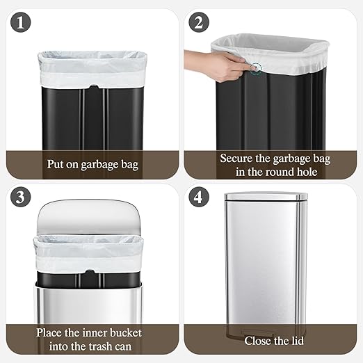 AthLike Trash Can, Stainless Steel Kitchen Garbage Can, Step Waste Bin with Hinged Lid and Removable Inner Bucket, Soft-Close, Dustbin for Bathroom Bedroom Living Room Home (Silver, 13.2 Gal)