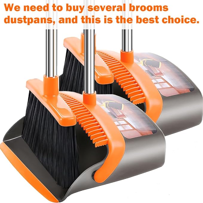 2-Pack is More economical，Upgraded Upright Broom and Dustpan Combo with 52" Long Handle, Dustpan Teeth with self-Cleaning Function, Indoor and Outdoor Sweeping, Perfect for Home Office