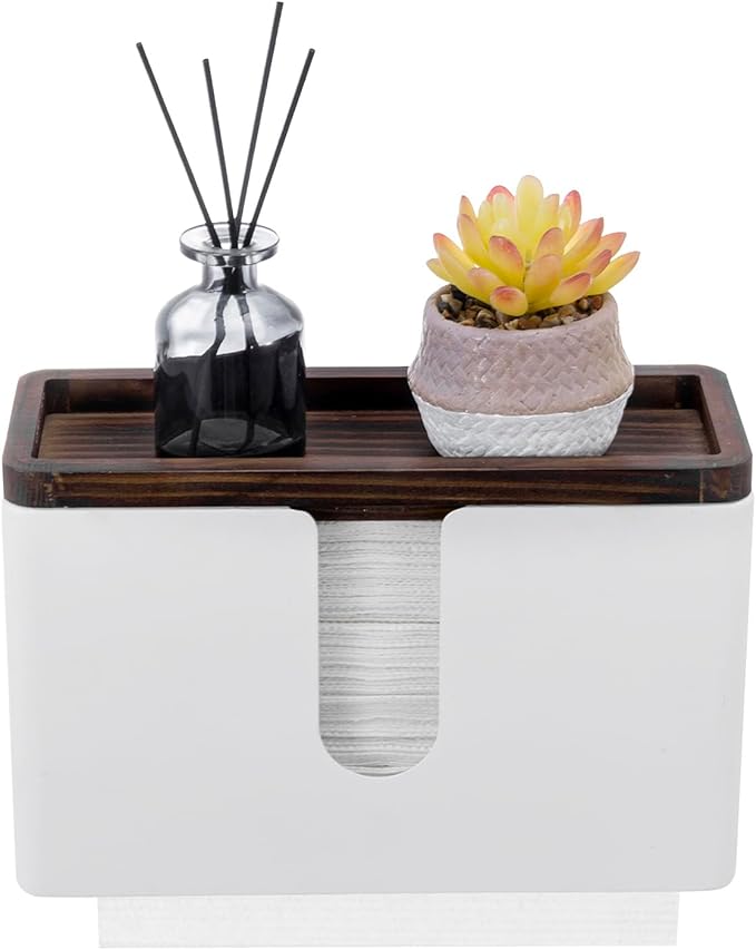 MyGift Deluxe Modern Matte White Metal Folded Commercial Paper Towel Holder with Rustic Burnt Solid Wood Tray Lid, Wall Mounted Trifold Multifold Z Fold Disposable Napkin Dispenser