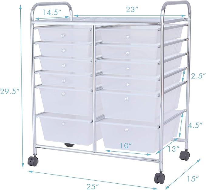 GOFLAME 12-Drawer Rolling Storage Cart, Multipurpose Organizer Cart with 2 Sizes Plastic Drawers, Mobile Utility Cart with Lockable Casters for School, Home Office, Beauty Salon, Clear