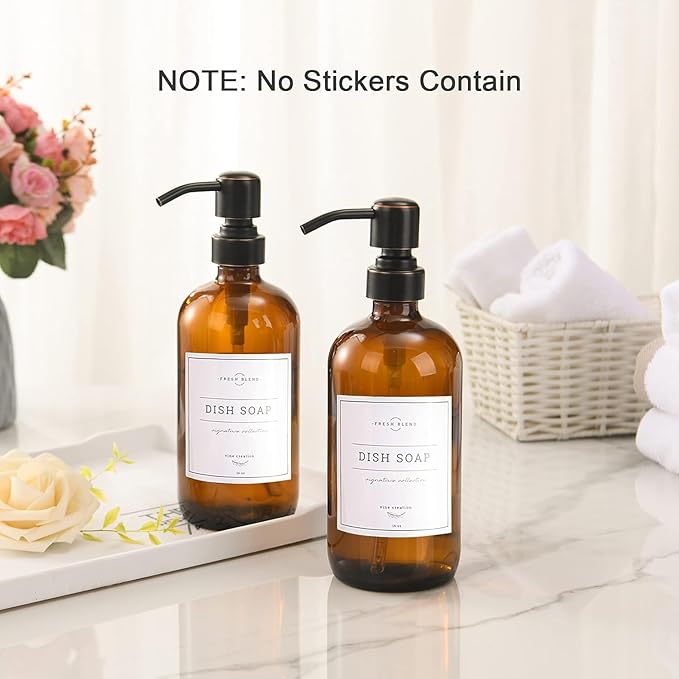 AmazerBath Amber Glass Soap Dispensers, 2 Glass Amber Pump Bottles, 17 Oz Dish Soap Dispenser, Kitchen Bathroom Hand Soap Dispensers for Hand Sanitiser, Shampoo, Lotion, Shower Gel Conditioner