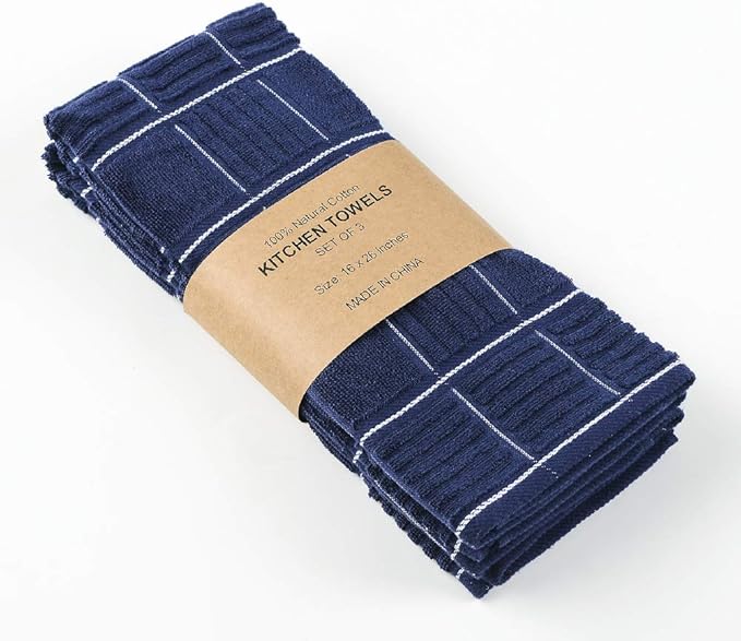 Anyi 100% Cotton Kitchen Towels, Absorbent Dish Towels with Hanging Loop, Soft Kitchen Hand Towels for Washing Drying Dishes(16x26, Set of 3, Navy)