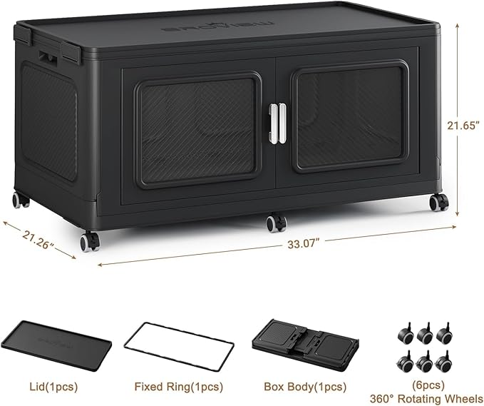 BROVIEW 220 Qt Stackable Storage Bin with Lids, 55Gal Extra Large Collapsible Storage Boxes, Folding Plastic Drawer, Heavy-Duty Store Cabinet, Closet Organizer for Home Kitchen, 1 Pack Black