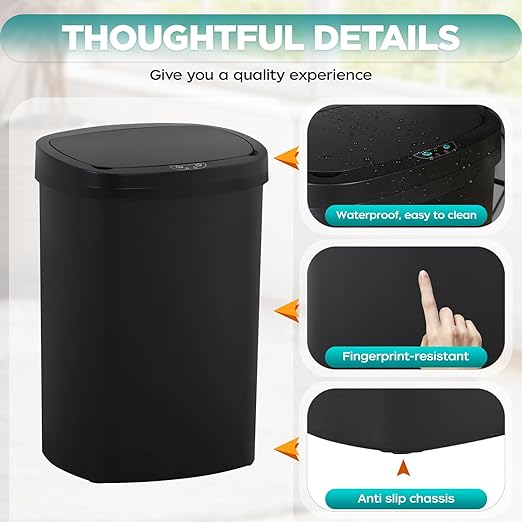 Automatic Motion Sensor Bathroom Trash Can with Lid, 13 Gallon Touchless Trash Bin, Smart Dog Proof Garbage Can, Touch Free Waste Basket for Toilet, Office, Bedroom,Black