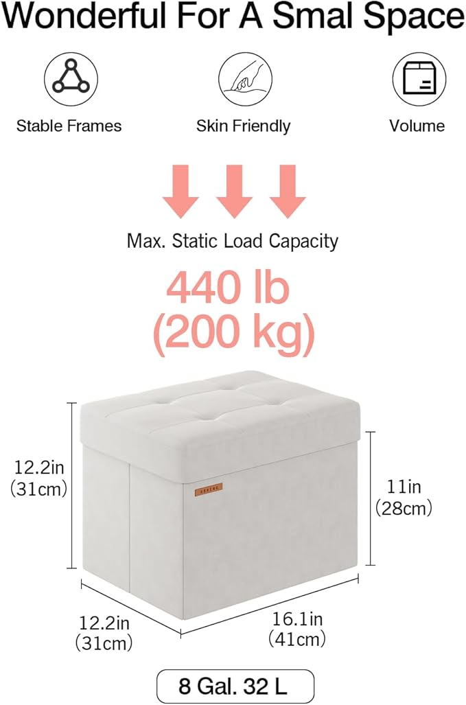 Folding Storage Ottoman, Velvet Storage Bench, Footrest, End Stool, Foot Stool,for Living Room, Bedroom and Office,12.2 x 16.1 x 12.2 Inches, 300 kg Load Capacity,Cream White, UASND03W