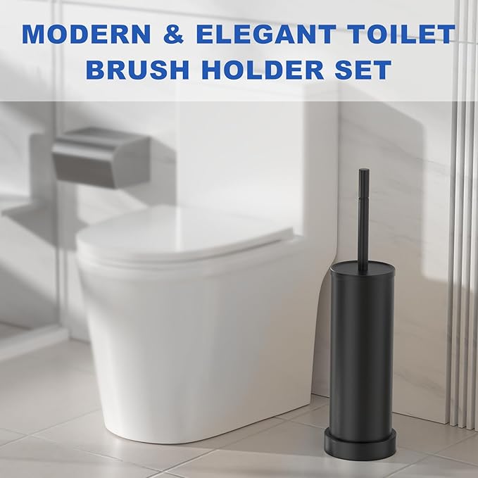 Black Toilet Brush and Holder Set, 304 Stainless Steel Heavy Duty Toilet Bowl Brush and Holder with Long Handle, Removable Inner Bowl and Splash Protection Modern Toilet Cleaner Brush for Bathroom