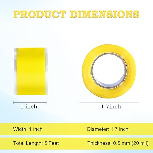 Self Fusing Silicone Tape 1 in x 5' Yellow Waterproof Rubber Leak Proof Sealing Rubber Self-amalgamating Tape for Emergency Hot and Cold Water Pipe Repairs and Tool Fixation