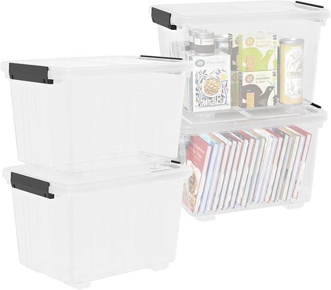 30 Quart Plastic Clear Storage Bin with Wheels, Plastic Latching Bins with Lids, 4 Packs
