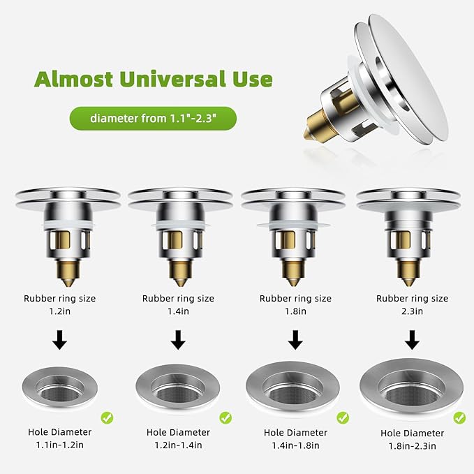 Universal Bathroom Sink Drain Strainer Hair Catcher Upgraded with Removable Stainless Steel Filter Basket, 2 in 1 Pop Up Sink Stopper for 1.1''~2.36'' Sink Basin Hole, Big Cover Cap, Chrome