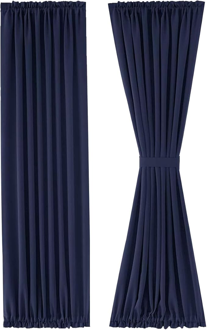 DWCN French Door Curtains – Rod Pocket Thermal Blackout Curtain for Doors with Glass Window, Kitchen and Patio Doors for Privacy, 25 X 72 Inches Long, 1 Curtain Panel with Tieback, Navy Blue