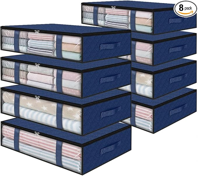 StorageRight Under Bed Storage Bins, 8-Pack 40L Foldable Fabric Storage Bags with Transparent Window, Breathable Organizer for Clothes/Blanket/Comforter/Quilt, Blue