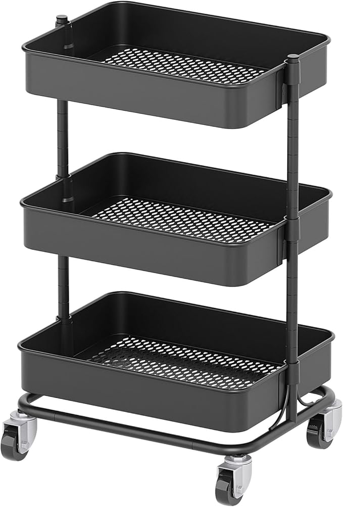 3 Tier Modern Metal Rolling Tool Cart with Silent Casters, 15.35x11.81x23.74 inch Heavy Duty Organization Truck Trolley Organizer for Office, Living Room, Kitchen, (Black)