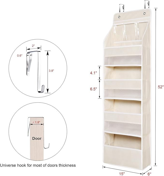 Univivi 5-Shelf Over Door Hanging Organizer Fabric Door Storage with 4 Large Pockets and 3 Small PVC Pockets Wall Mount Hanging Storage Organizers for Baby Nursery (Beige Pattern)
