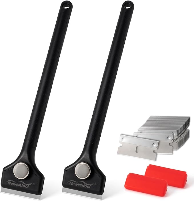 NEWISHTOOL Long Handle Scraper Tool Kit includes 2 Pcs Razor Blade Scraper and 20 PCS 1.5 inch Metal Razor Blades, Long Reach Sturdy Scraper Tool for Glue Residue Label Sticker Removal Oven Cleaning