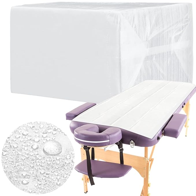 Breling 100 Pcs 31.5 x 71 Inch Disposable Bed Sheets Oil-proof PE Film Massage Table Sheets Non-woven Fabric Spa Waterproof Bed Cover Breathable for Beauty Salon Hotels Tattoo Waxing(White)