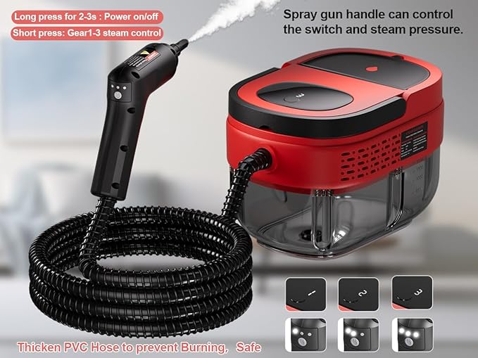 Handheld Steam Cleaner for Home, 2500W High Pressure Steam Cleaner for Car Detailing, 3 Steam Levels, 1600Ml Tank, High Heat Steamer for Bed Bugs, Couch, Furniture, Kitchen, Bathroom, Floors