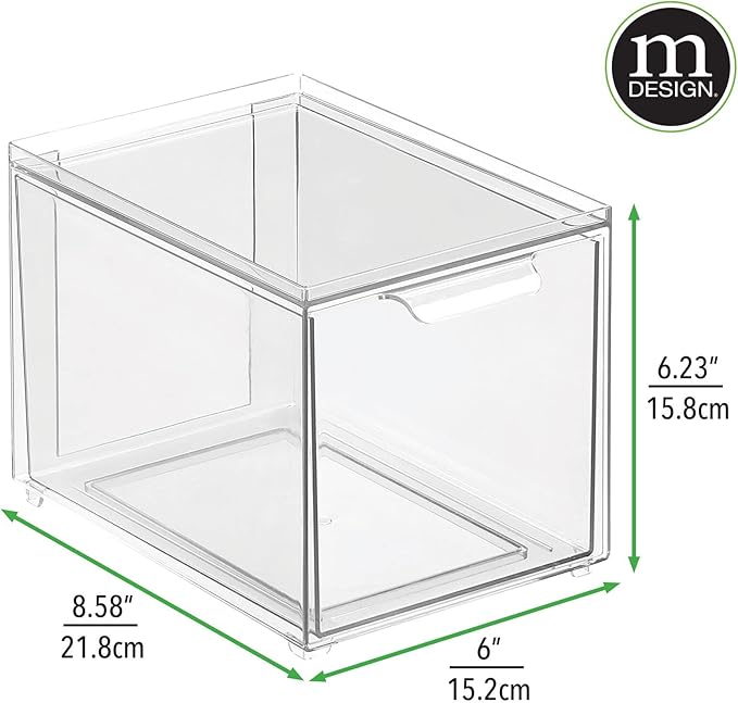 mDesign Plastic Pantry Organization and Storage Bin w/Pull Out Drawer - Slim Stackable Kitchen Supplies Storage Container for Organizing Cabinet, Fridge, Freezer - Lumiere Collection - 4 Pack - Clear