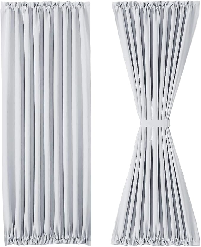 DWCN French Door Curtains – Rod Pocket Thermal Curtain for Doors with Glass Window, Kitchen and Patio Doors for Privacy, 54 X 80 Inches Long, 1 Curtain Panel with Tieback, Greyish White