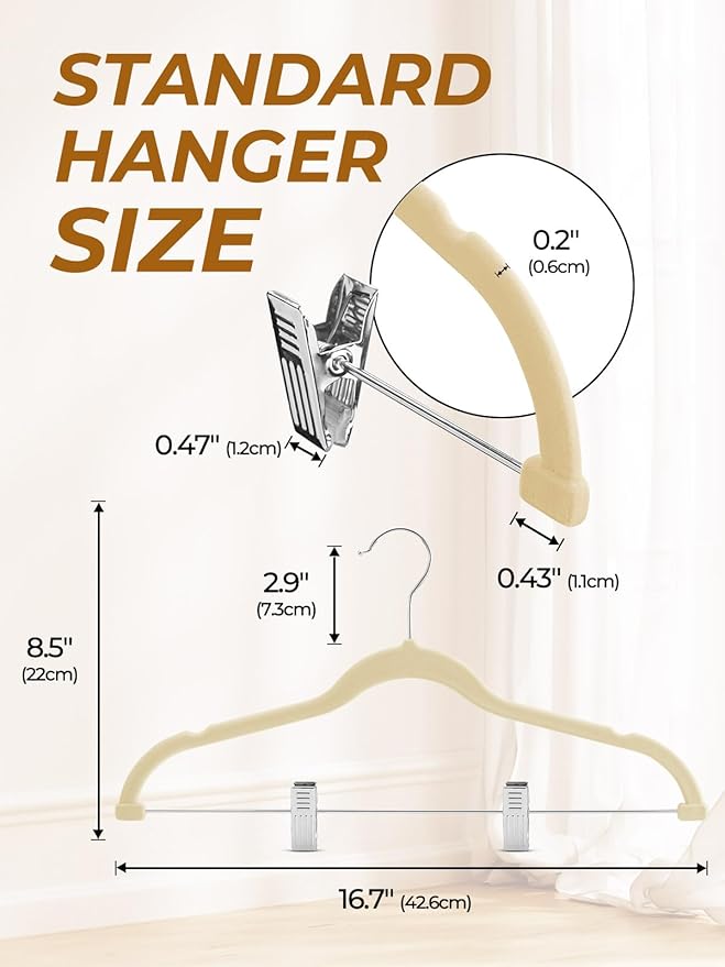 HOUSE DAY Velvet Skirt Hangers 24 Pack, Beige Velvet Pant Hangers with Adjustable Clips, Space Saving Slim Shorts Hanger, Heavy Duty Non Slip Clip Hanger for Pants, Skirts, Shorts