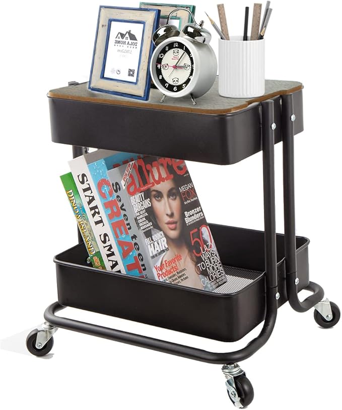 Melody House 2-Tier Metal Utility Rolling Cart Storage Organizer with Cover Board Mobile Trolley Sofa Side Table with Wheels for Office Home Kitchen Organization Black