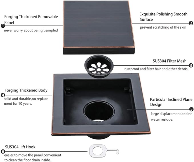 RANDOM Oil Rubbed Bronze Shower Drain Square with Removable Tile Insert Shower Drain Cover and Hair Strainer SUS 304 Stainless Steel 6 inch Shower Floor Drain