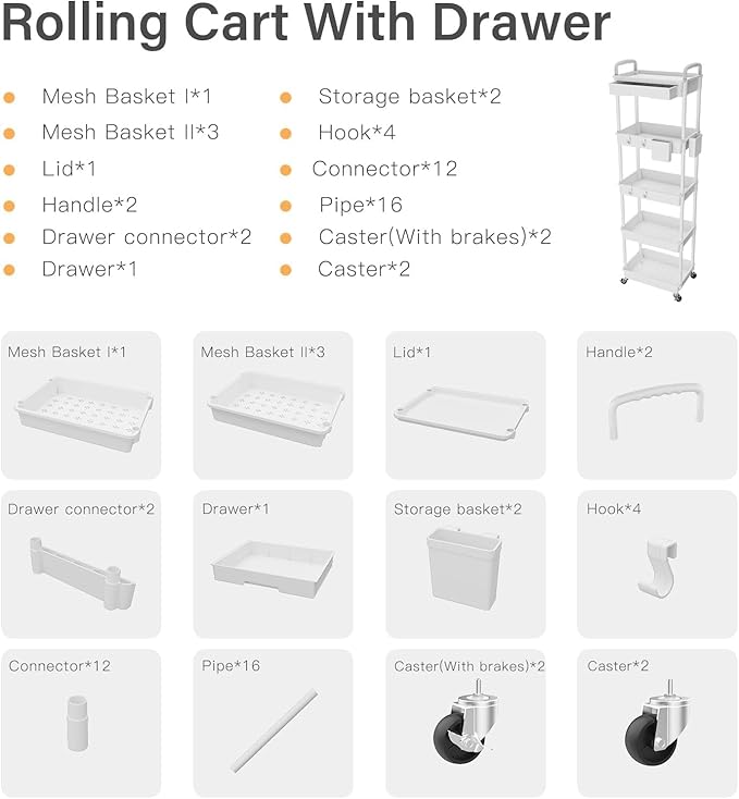 5 Tier Rolling Cart Organizer,Bathroom Cart Organizers with Wheels Laundry Room Organization Mobile Shelving Unit Utility Cart Storage Shelves Multi-Functional for Office, Home(White)