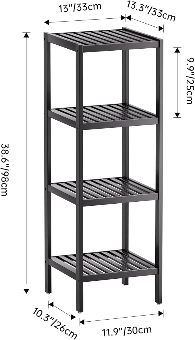 SMIBUY Bathroom Storage Shelf, 4-Tier Bamboo Rack Organizer, Multifunctional Shelving Unit for Living Room Bedroom Kitchen (Black)