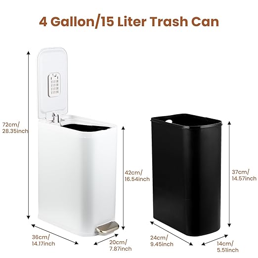 BETHEBEST Bathroom Trash Can with Lid,Stainless Steel Garbage Can with Removable Inner Bucket,Soft Close,Step Pedal,15 Liter/4 Gallon Trash Can for Bathroom,Bedroom,Kicthen,Office(White)