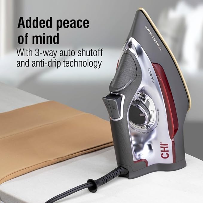 CHI Steam Iron for Clothes with 300+ Holes for Powerful Steaming, Temperature Guide Dial, 1700 Watts, XL 10’ Cord, 3-Way Auto Shutoff, Titanium Infused Ceramic Soleplate, Silver (13101)