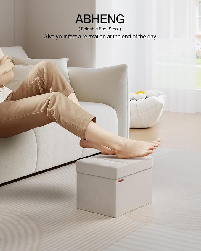 Folding Storage Ottoman, Velvet Storage Bench, Footrest, End Stool, Foot Stool,for Living Room, Bedroom and Office,12.2 x 16.1 x 12.2 Inches, 300 kg Load Capacity,Cream White, UASND03W