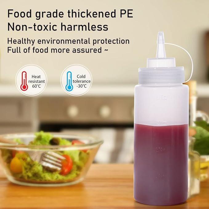 Squeeze Bottles for Sauces 2 Pack, 16 Ounce Plastic Dressing Squirt Bottles with Cap Lids, Condiment Bottle for Liquids BBQ Dressing Pancake Art Dispenser
