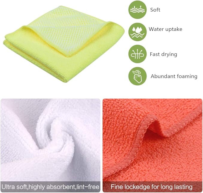 SINLAND 5 Color Assorted Microfiber Dish Cloth Best Kitchen Cloths Cleaning Cloths with Poly Scour Side 12Inchx12Inch 20 Pack (Pinkx4+bluex4+whitex4+yellowx4+greenx4)