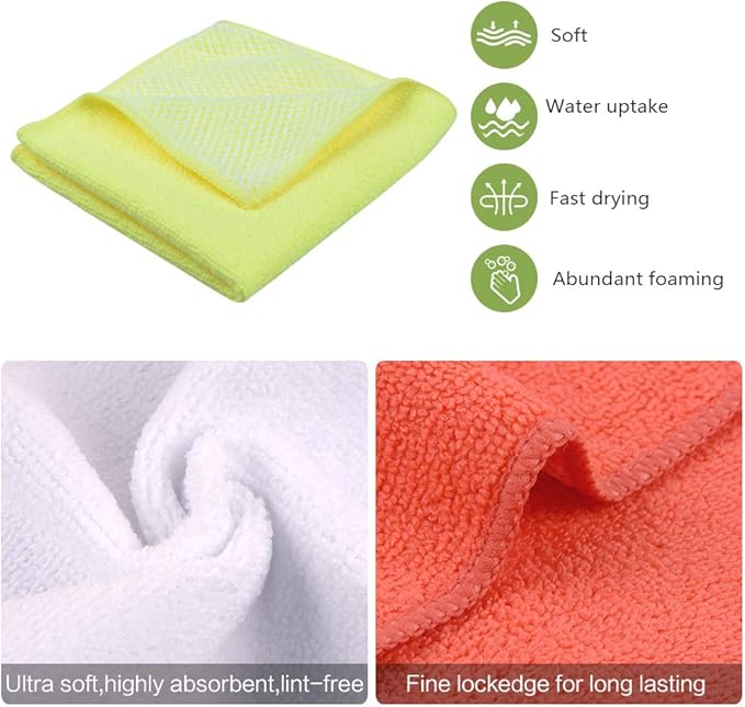 SINLAND 5 Color Assorted Microfiber Dish Cloth Towels Best Kitchen Cloths Cleaning Cloths with Poly Scour Side 12"x12" 5Pack (Pink+Blue+White+Yellow+Green)