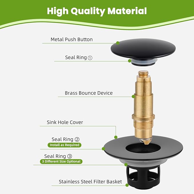 Universal Bathroom Sink Drain Strainer Hair Catcher Upgraded with Removable Stainless Steel Filter Basket, 2 in 1 Pop Up Sink Stopper for 1.1''~2.36'' Sink Basin Hole, Big Cover Cap, Matte Black