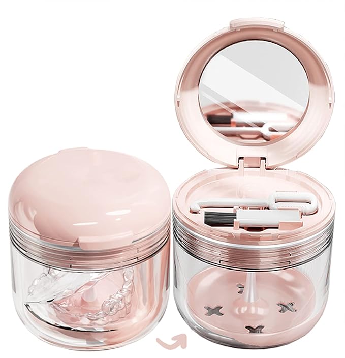 MURRI&MURRDI Retainer Mouth Guard Soak Container Box, Denture Bath Case with Strainer Basket, Braces Cleaner Cup, Travel Storage Holder for Dentures, Retainers & Aligners (Pink)