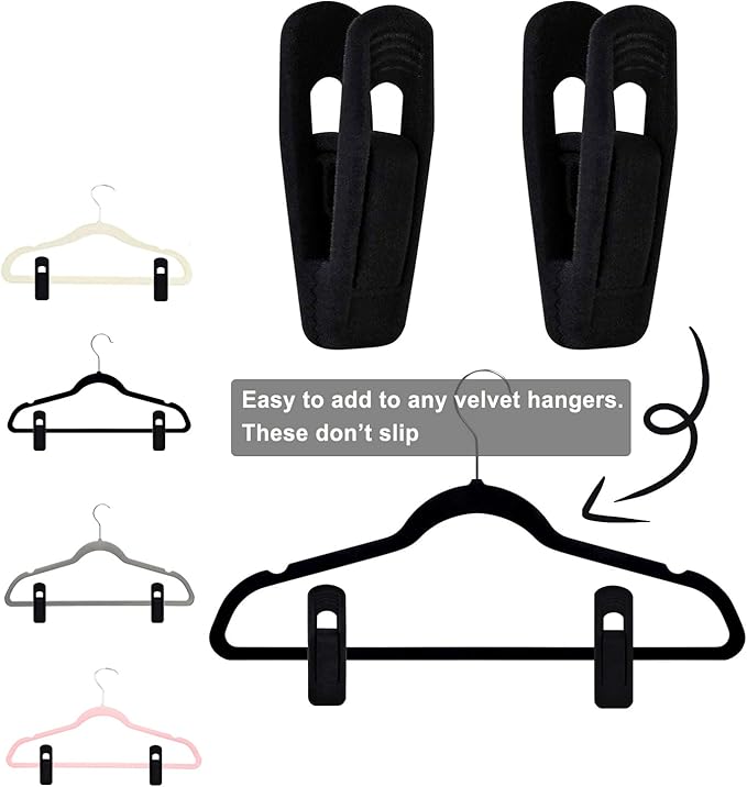 Black Velvet Hangers Clips 50 PCS, Non-Slip Velvet Clips for Suit Pant Skirt Hanger, Strong Finger Clips Perfect for Thin Flocking Hangers