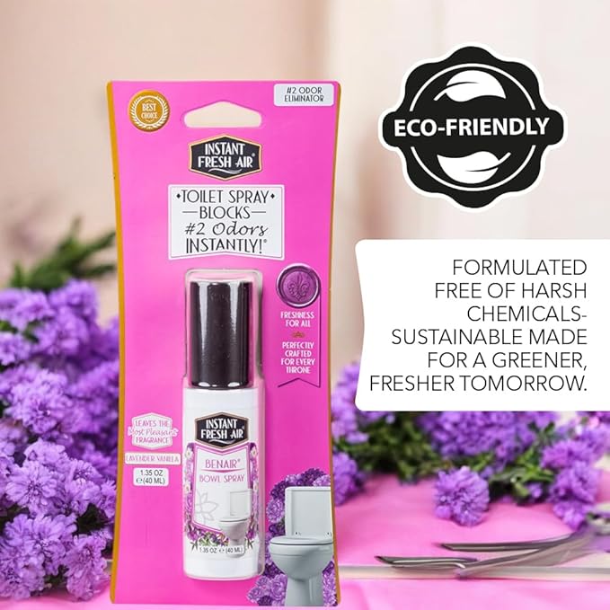 2-Pack: Superior Toilet Spray with Instant Odor Elimination, Lavender Vanilla Fragrance, Odor Eliminator Bathroom Spray, Travel Size, Long-Lasting, Eco-Friendly, 1.35 Oz. - INSTANT FRESH AIR