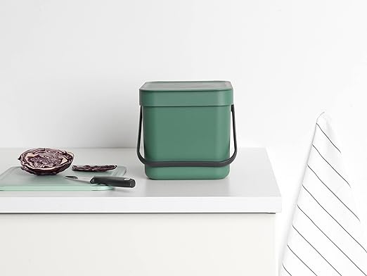 Brabantia Sort & Go Food Trash Can (1.6 Gal/Fir Green) Small Countertop Kitchen Compost Caddy with Handle & Removable Lid, Easy Clean, Fixtures Included for Wall/Cupboard Mounting