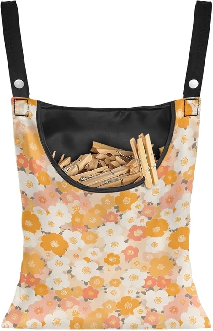 Clothes Pin Hanging Bag with Hanging Rope 14.5 X 12 Inch Clothespin Bag for Clothes Pins and Clothespins Heavy Duty Outdoor Use - Floral Yellow