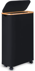 Slim Laundry Hamper with Wheels,Narrow Hampers for Laundry,Freestanding Laundry Basket with Lid&Bamboo Handles,Collapsible & Waterproof Tall Cloth Hamper for Dorm Family(60L,Black)