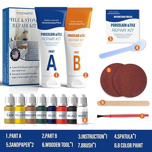 Tile Repair Kit, Ceramic Tile Chip Repair Kit(Color Match), Porcelain Repair Kit with Super Strong Adhesion, Fix Chips, Cracks and Holes on Ceramic Tile, Porcelain, Acrylic, Fiberglass, Enamel