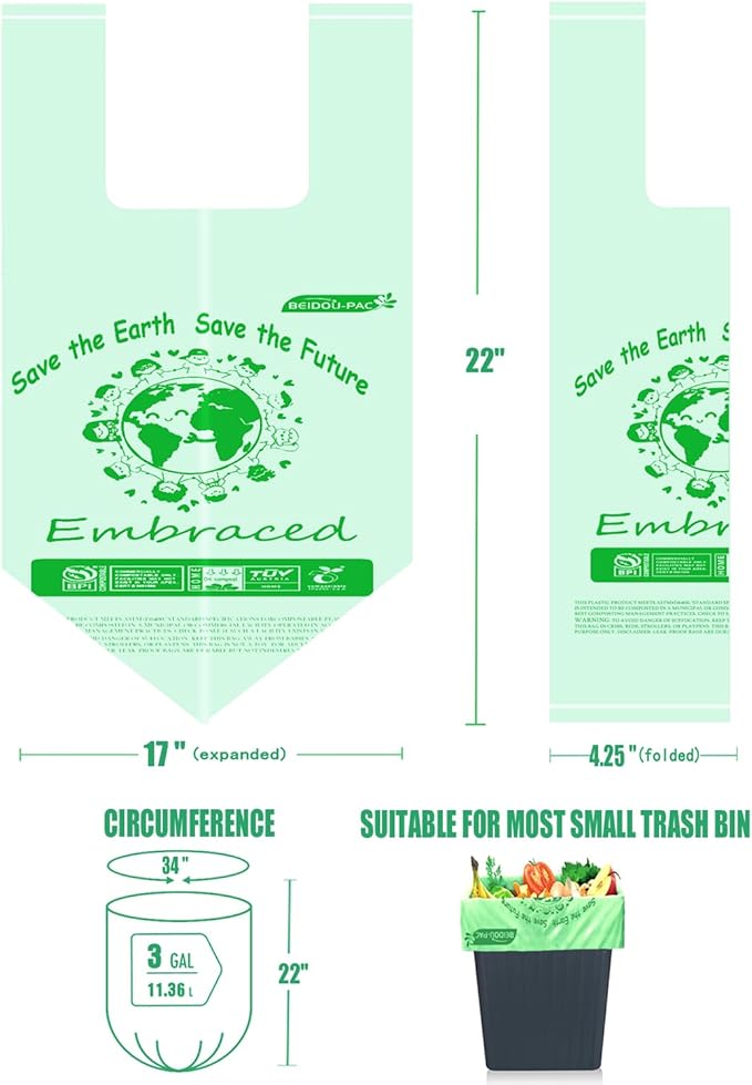 100% Compostable Trash Bags, 3 Gallon Compost Bags Small Kitchen Trash Bags with Handle, 200 Count Sturdy Biodegradable Garbage Bags Food Scrap Waste Bags, ASTM D6400, US BPI Certified