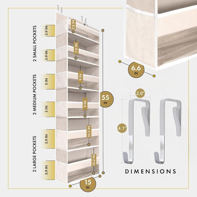 HOMELUX THEORY 1 PC Heavy Duty Over the Door Organizer 55x14x6.7, 6 Large Front & 12 Side Pockets, Hanging Storage Closet Door Organizer for Bedroom, Bathroom and Baby Nursery Storage (Ivory)